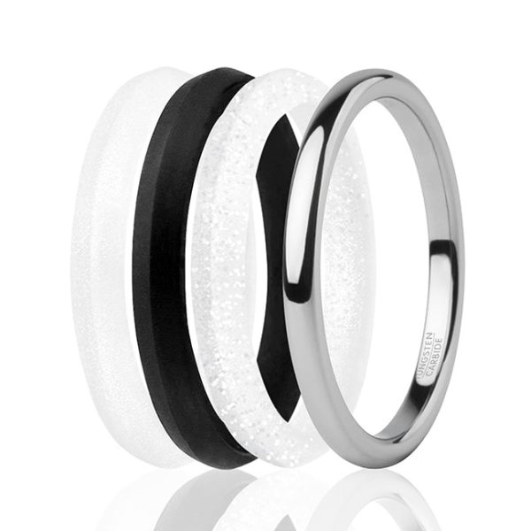 ROQ Silicone Wedding Twin 2mm Ring Set - Black-White by ROQ for Women - 4 x 8 mm Ring Fashion